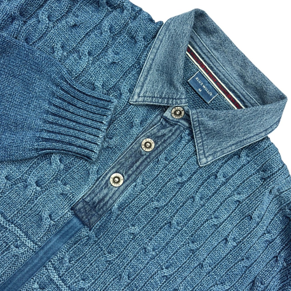 Blue Willi's Cable Knit Polo Sweater Mens L Blue Cotton Denim Collar Hong Kong